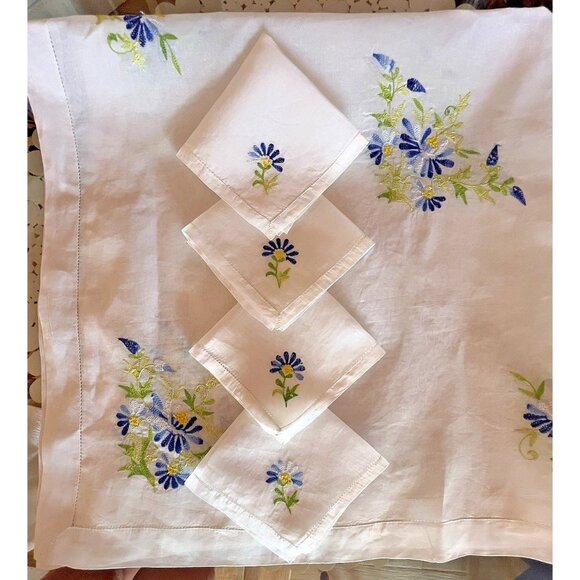 VTG Embroidered Sheer Table Cover 4 Matching Beverage Napkins Blue Green Floral - Picture 1 of 16